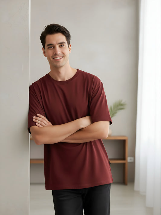 LUSSOVOGUE Men’s Oversized T-Shirt | Maroon | 100% Premium Cotton | Relaxed Streetwear Fit