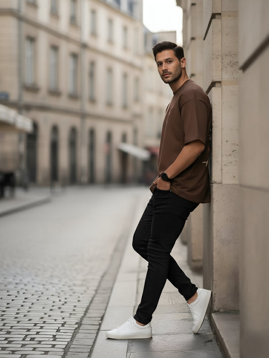 LUSSOVOGUE Men’s Oversized Brown T-Shirt | FREEDOM Eagle & Flag Graphic | Premium Cotton