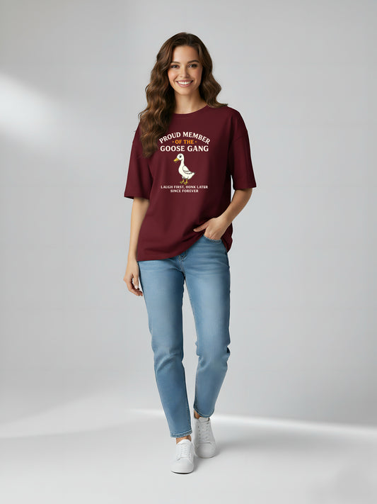 LUSSOVOGUE Women’s Premium 100% Cotton Oversized T-Shirt | Maroon Goose Gang Graphic Tee | Playful & Relaxed Style