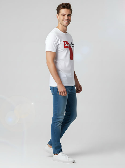 LUSSOVOGUE Men’s Premium White Superboy T-Shirt | 100% Cotton | Bold Graphic Casual Wear
