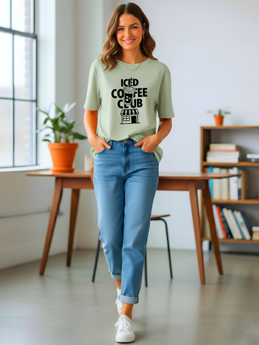LUSSOVOGUE Women’s Sage Green Oversized T-Shirt | Premium Cotton “Iced Coffee Club” Graphic