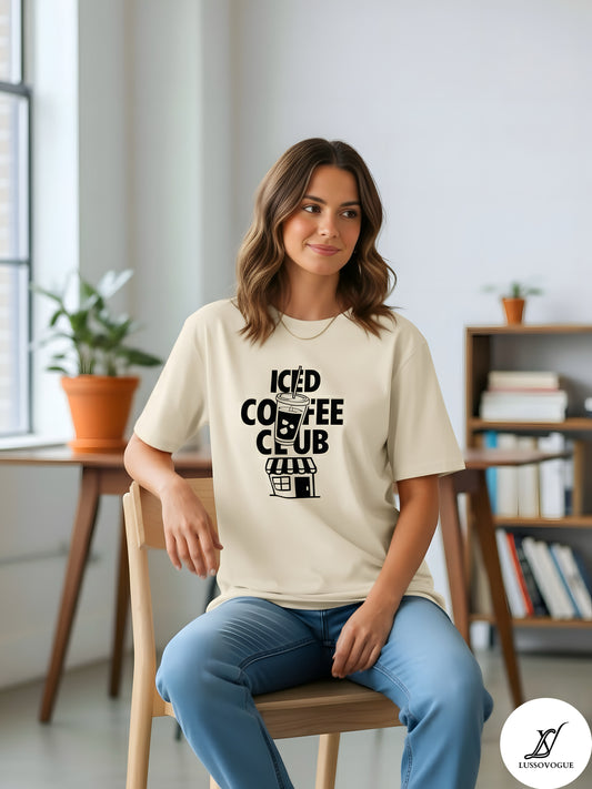 LUSSOVOGUE Women’s Off-White Oversized T-Shirt | Premium Cotton “Iced Coffee Club” Graphic