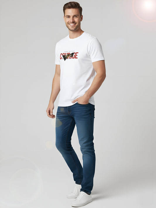 LUSSOVOGUE Men’s Premium 100% Cotton Regular Fit T-Shirt | White Courage Graphic Tee | Fearless & Stylish