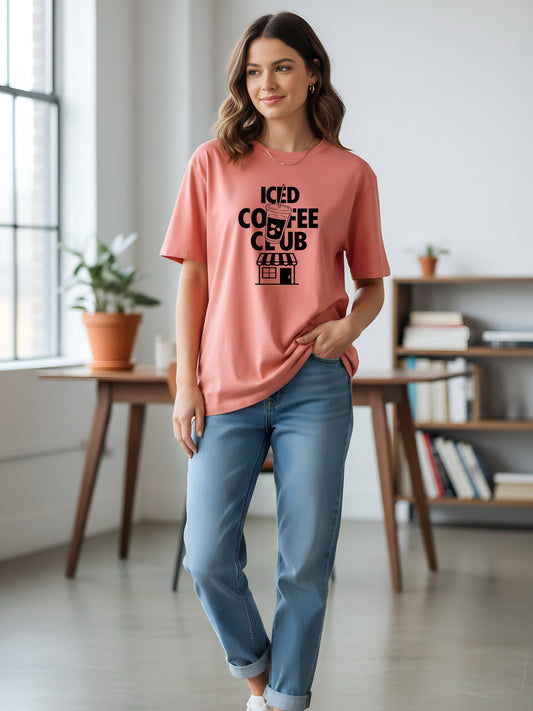 LUSSOVOGUE Women’s Peach Oversized T-Shirt | Premium Cotton “Iced Coffee Club” Graphic