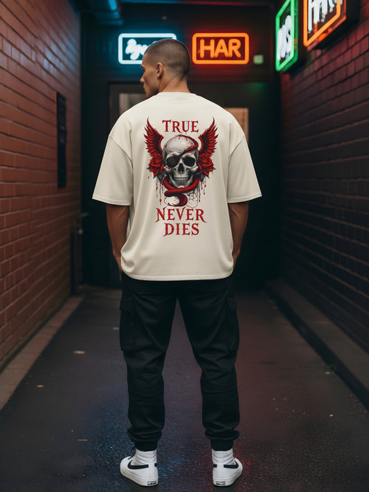 LUSSOVOGUE Off-White Oversized T-Shirt | Premium Cotton with Skull & Wings Back Print