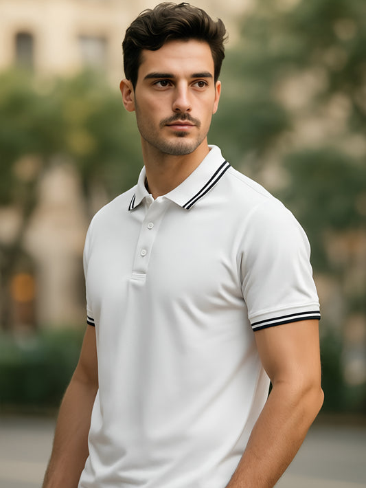 LUSSOVOGUE White Polo T-Shirt for Men | Premium Cotton-Blend, Plain No-Pocket, Regular Fit