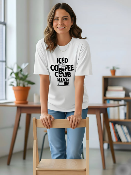 LUSSOVOGUE Women’s White Oversized T-Shirt | Premium Cotton “Iced Coffee Club” Graphic