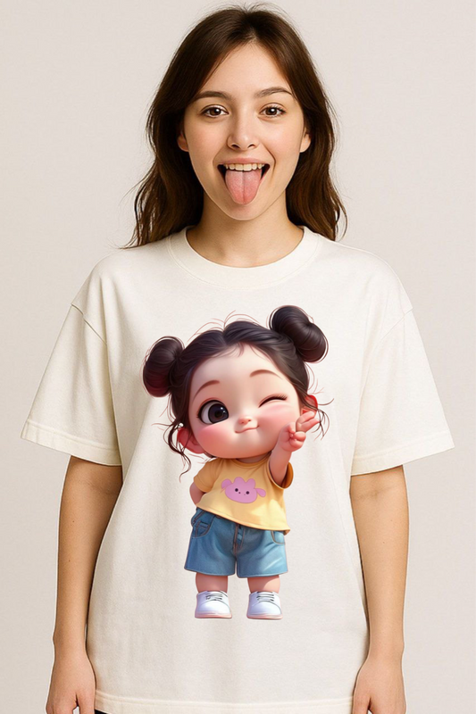 Cute Cartoon Girl Print Oversized T-Shirt for Women | Premium Cotton