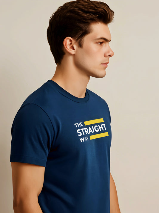 LUSSOVOGUE Navy Blue 100% Cotton Regular Fit “The Straight Way” Graphic T-Shirt
