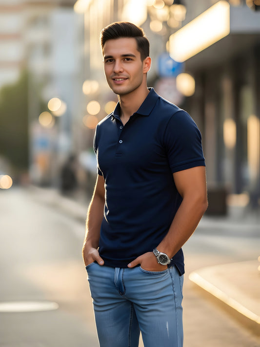 LUSSOVOGUE Men’s Navy Blue Polo T-Shirt | Premium Cotton Blend | Classic 3-Button Regular Fit | Casual & Office Wear