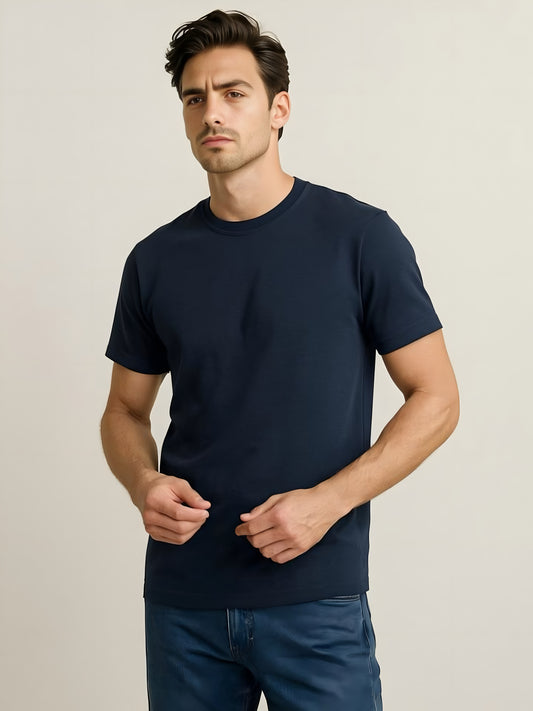 LUSSOVOGUE Navy Blue Regular Fit T-Shirt – 100% Cotton Comfort, Minimalist Style