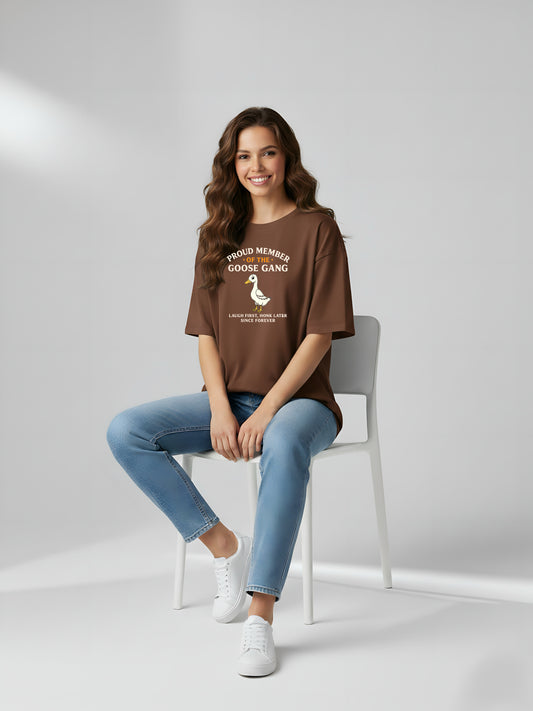 LUSSOVOGUE Women’s Premium 100% Cotton Oversized T-Shirt | Brown Goose Gang Graphic Tee | Playful & Relaxed Style