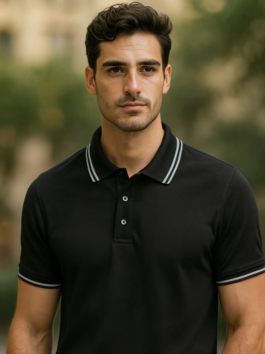 LUSSOVOGUE Black Polo T-Shirt for Men | Premium Cotton-Blend, Plain No-Pocket, Regular Fit