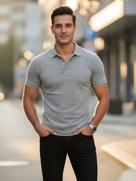 LUSSOVOGUE Men’s Grey Polo T-Shirt | Premium Cotton Blend | Classic 3-Button Regular Fit | Casual & Office Wear