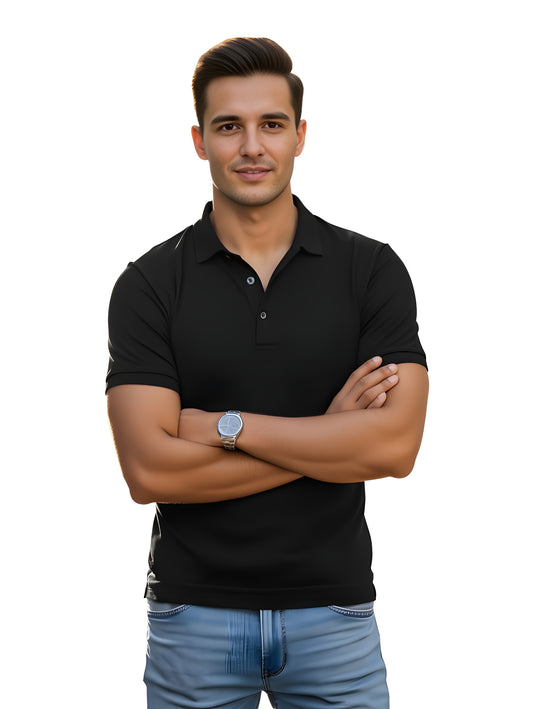 LUSSOVOGUE Black Polo T-Shirt for Men | Premium Cotton-Poly Blend | Regular Fit