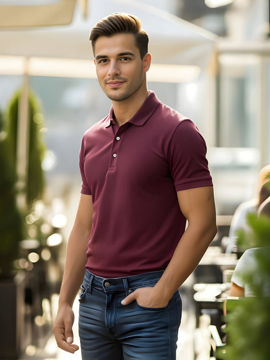 LUSSOVOGUE Men’s Maroon Polo T-Shirt | Premium Cotton Blend | Classic 3-Button Regular Fit | Casual & Office Wear