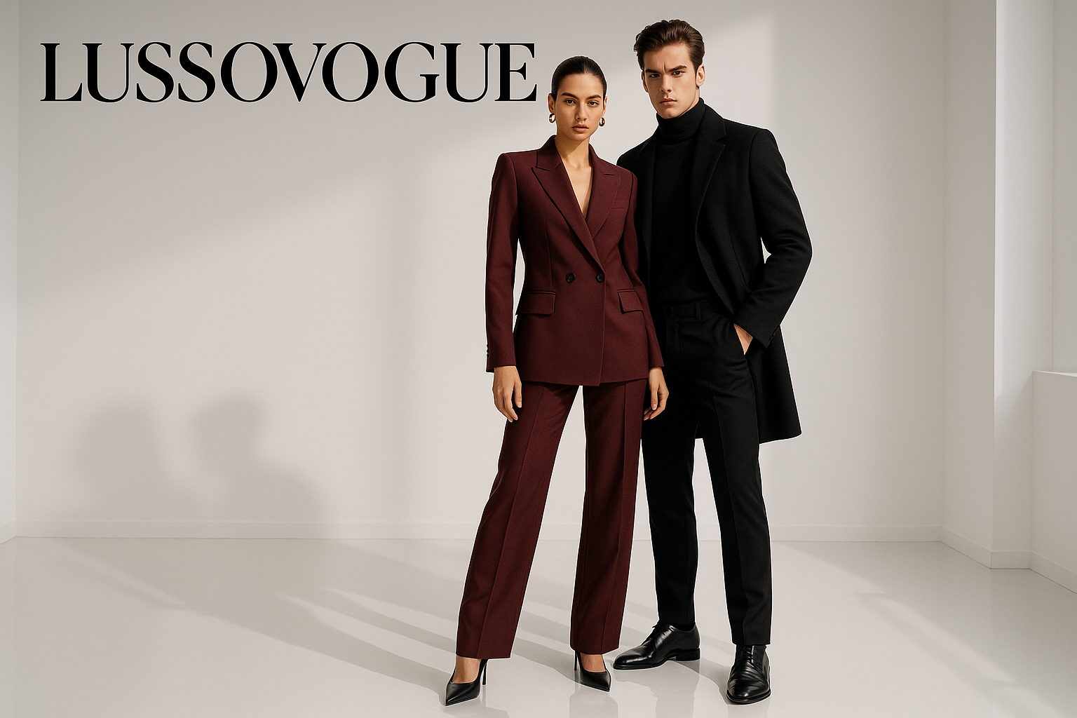 A male and female model standing in a minimalist white studio, both in sleek monochrome LUSSOVOGUE outfits (black and maroon), bold and confident pose, soft shadows, glossy floor reflection, brand name in bold serif font in top-left corner – clean, editorial, high-end fashion brand aesthetic – 4:1 ratio.