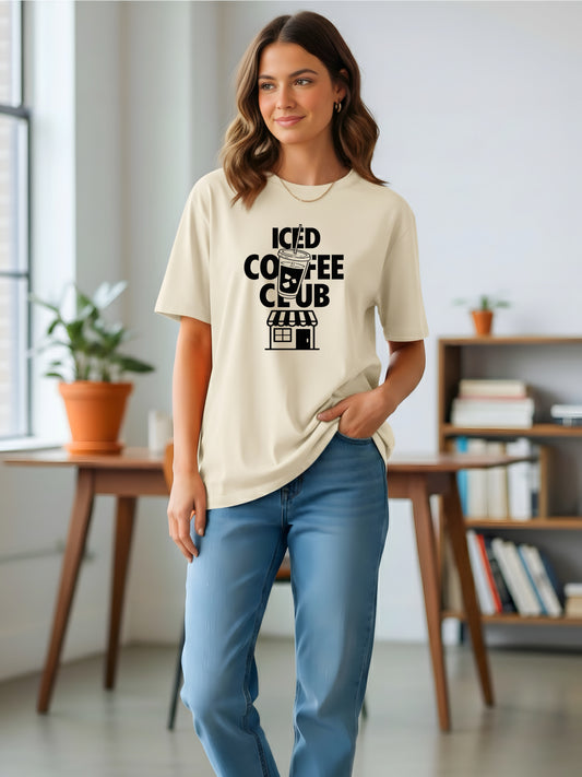 LUSSOVOGUE Women’s Off-White Oversized T-Shirt | Premium Cotton “Iced Coffee Club” Graphic