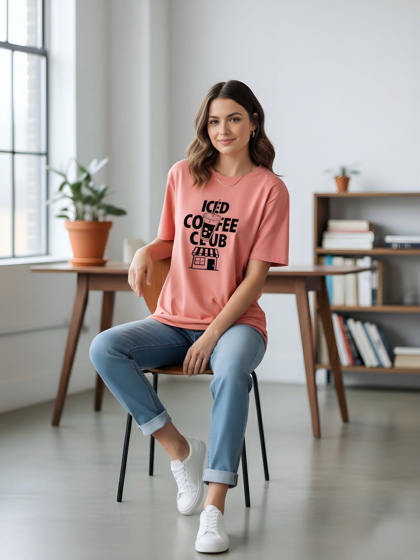 LUSSOVOGUE Women’s Oversized “Iced Coffee Club” T-Shirt Collection | Peach, Off-White, Sage Green & White | Premium Cotton