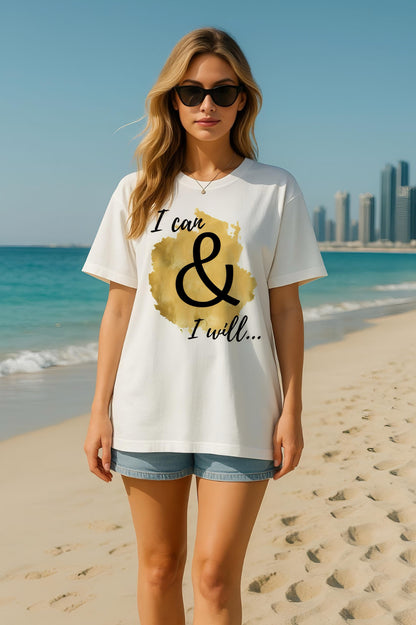 Oversized T-Shirt – “I Can and I Will” Motivational Print