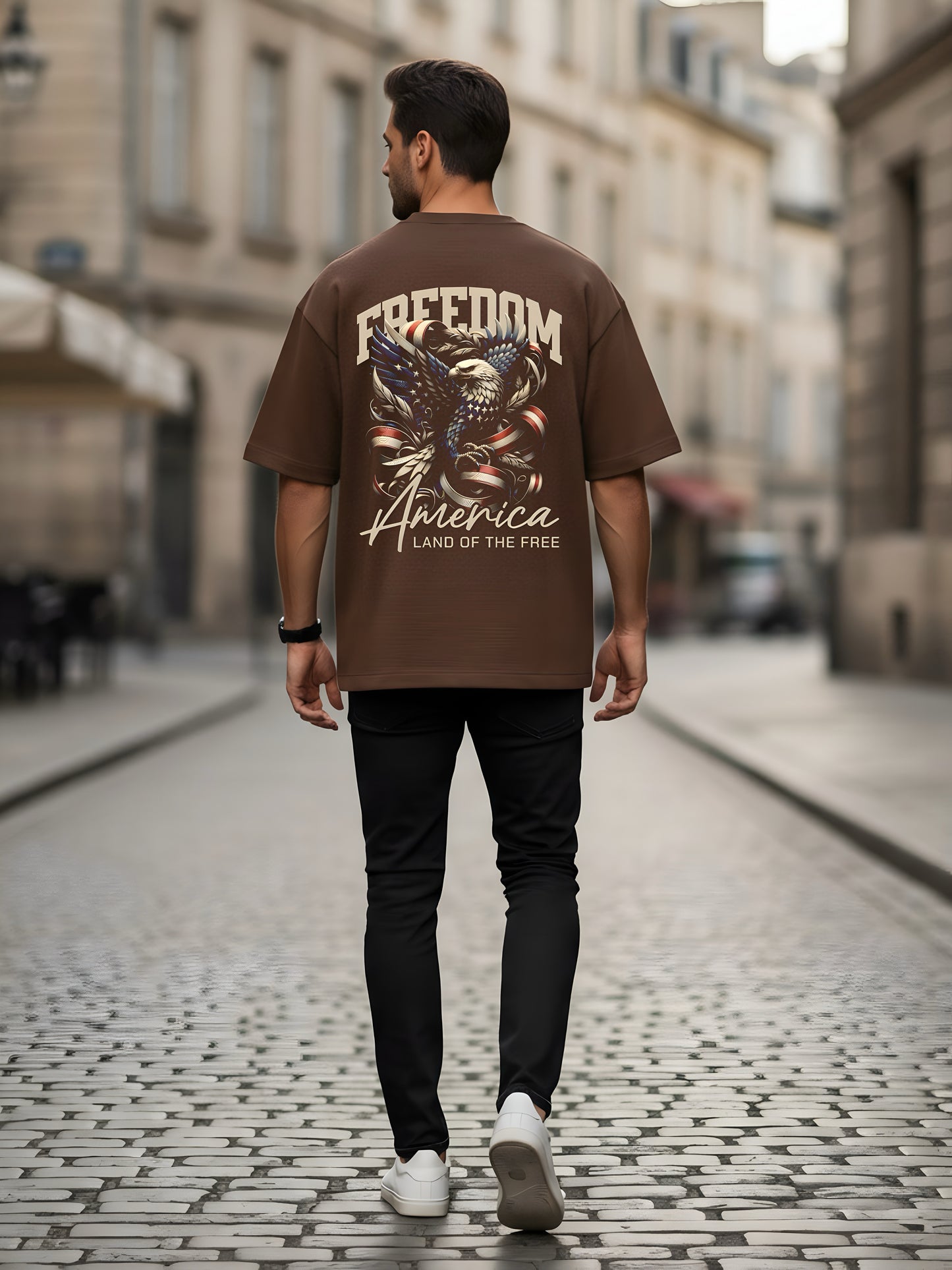 LUSSOVOGUE Men’s Oversized Brown T-Shirt | FREEDOM Eagle & Flag Graphic | Premium Cotton