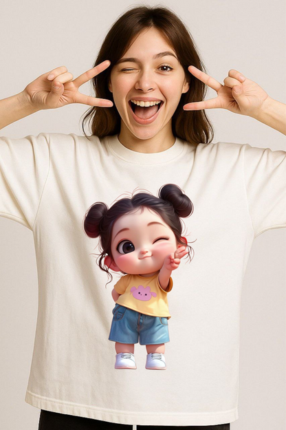Cute Cartoon Girl Print Oversized T-Shirt for Women | Premium Cotton