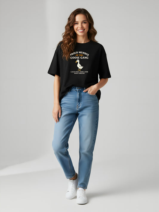 LUSSOVOGUE Women’s Premium 100% Cotton Oversized T-Shirt | Black Goose Gang Graphic Tee | Playful & Relaxed Style