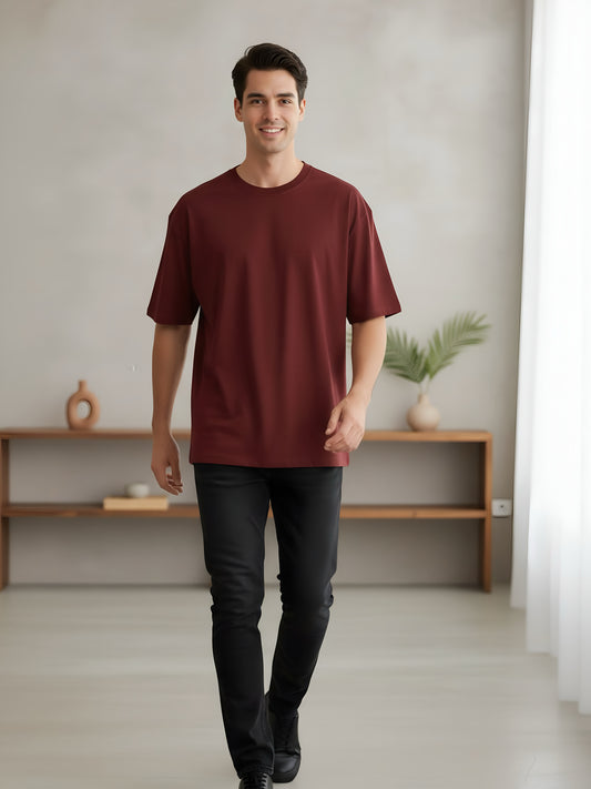 LUSSOVOGUE Men’s Oversized T-Shirt | Maroon | 100% Premium Cotton | Relaxed Streetwear Fit