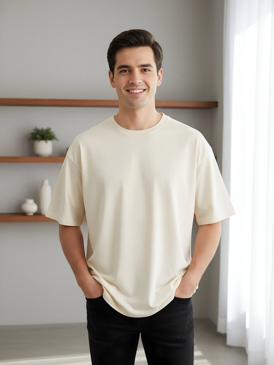 LUSSOVOGUE Men’s Oversized T-Shirt | Off White | 100% Premium Cotton | Relaxed Streetwear Fit