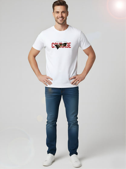 LUSSOVOGUE Men’s Premium 100% Cotton Regular Fit T-Shirt | White Courage Graphic Tee | Fearless & Stylish