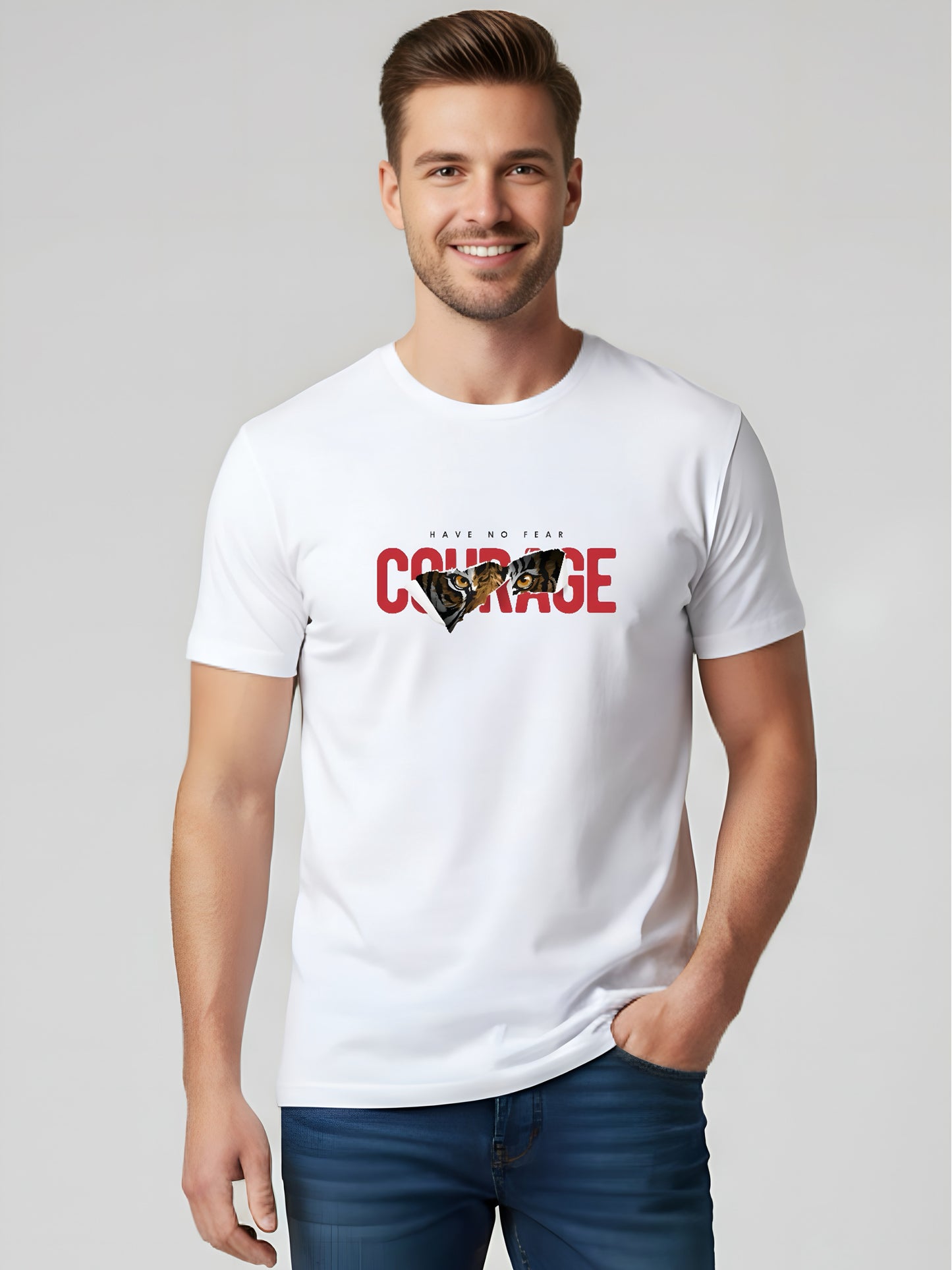 LUSSOVOGUE Men’s Premium 100% Cotton Regular Fit T-Shirt | White Courage Graphic Tee | Fearless & Stylish