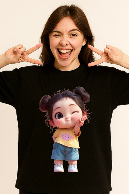 Cute Cartoon Girl Print Oversized T-Shirt for Women | Premium Cotton