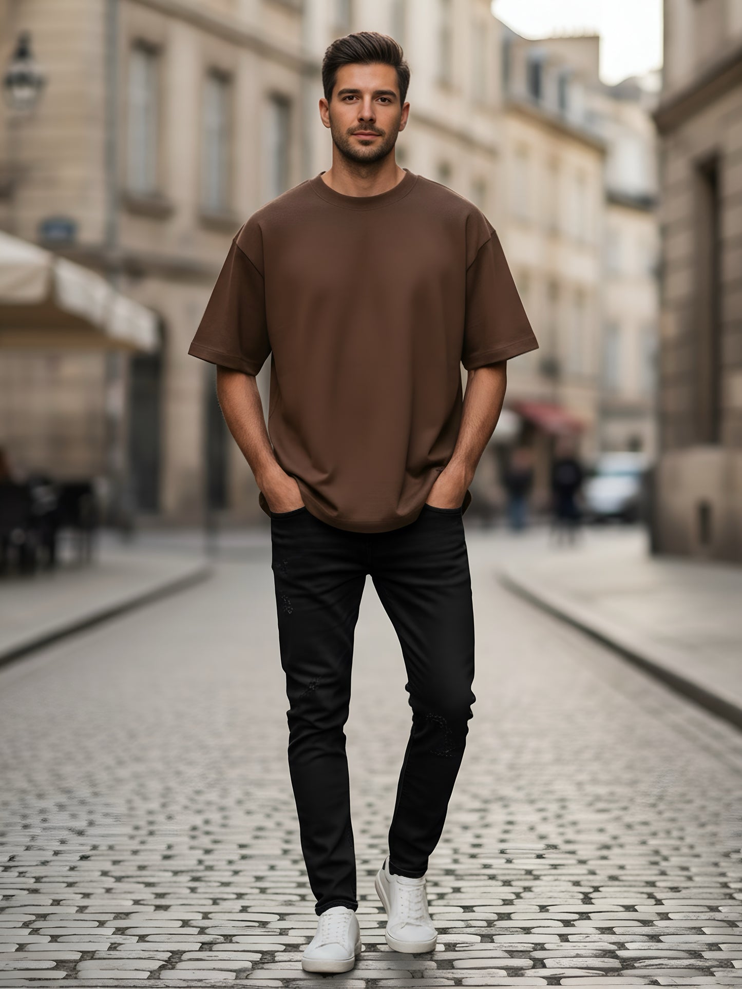 LUSSOVOGUE Men’s Oversized Brown T-Shirt | FREEDOM Eagle & Flag Graphic | Premium Cotton