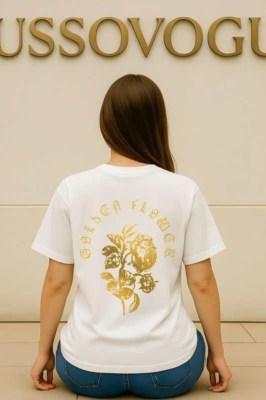Oversized White T-Shirt with Golden Flower Back Print – Premium Cotton Unisex Tee by Lussovogue