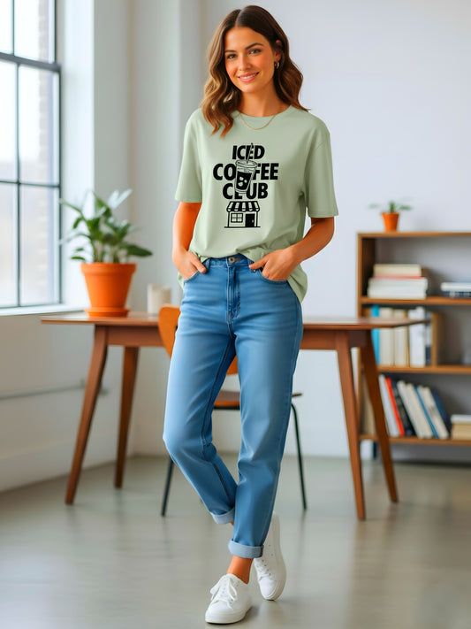 LUSSOVOGUE Women’s Sage Green Oversized T-Shirt | Premium Cotton “Iced Coffee Club” Graphic