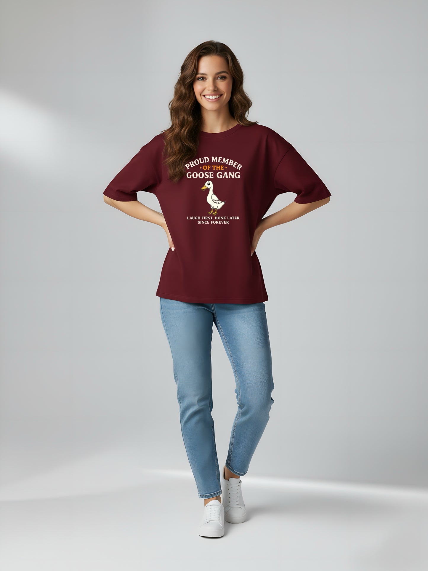 LUSSOVOGUE Women’s Premium 100% Cotton Oversized T-Shirt | Maroon Goose Gang Graphic Tee | Playful & Relaxed Style