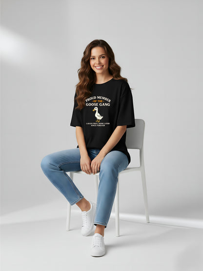 LUSSOVOGUE Women’s Premium 100% Cotton Oversized T-Shirt | Black Goose Gang Graphic Tee | Playful & Relaxed Style