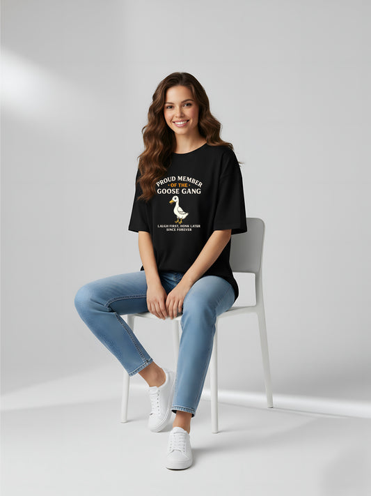 LUSSOVOGUE Women’s Premium 100% Cotton Oversized T-Shirt | Black Goose Gang Graphic Tee | Playful & Relaxed Style