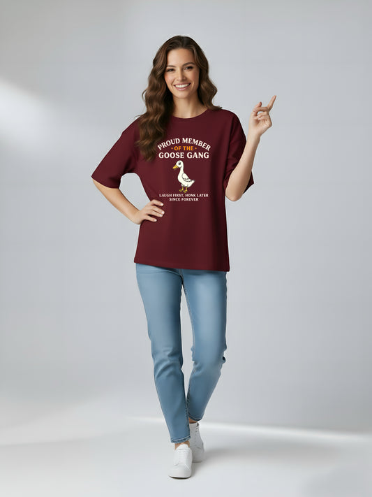 LUSSOVOGUE Women’s Premium 100% Cotton Oversized T-Shirt | Maroon Goose Gang Graphic Tee | Playful & Relaxed Style