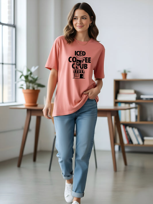 LUSSOVOGUE Women’s Oversized “Iced Coffee Club” T-Shirt Collection | Peach, Off-White, Sage Green & White | Premium Cotton
