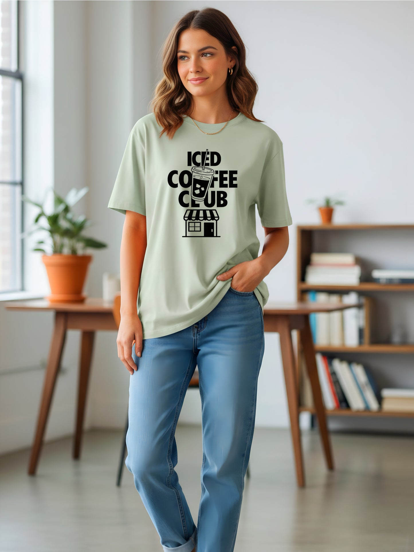 LUSSOVOGUE Women’s Oversized “Iced Coffee Club” T-Shirt Collection | Peach, Off-White, Sage Green & White | Premium Cotton