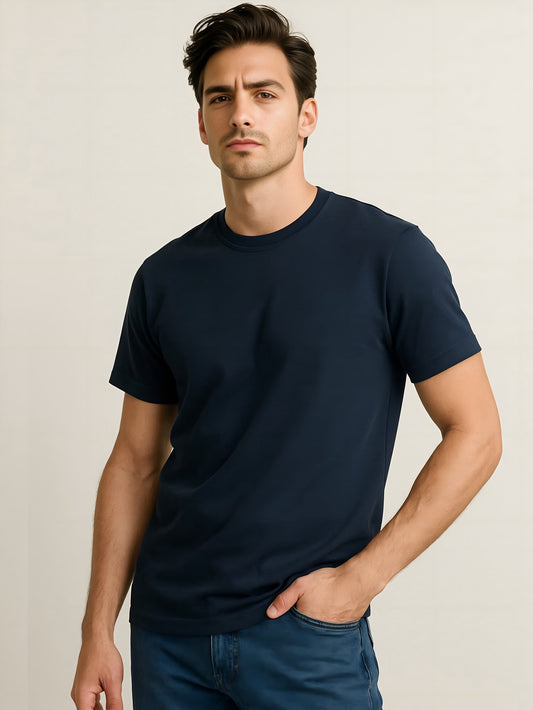 LUSSOVOGUE Navy Blue Regular Fit T-Shirt – 100% Cotton Comfort, Minimalist Style