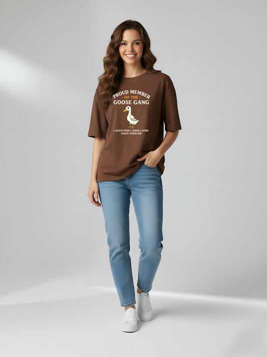 LUSSOVOGUE Women’s Premium 100% Cotton Oversized T-Shirt | Brown Goose Gang Graphic Tee | Playful & Relaxed Style