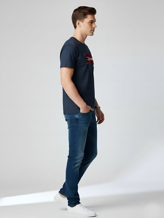 LUSSOVOGUE Men’s Premium 100% Cotton Regular Fit T-Shirt | Navy Blue Graphic Tee | Comfort & Style