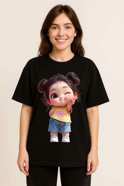 Cute Cartoon Girl Print Oversized T-Shirt for Women | Premium Cotton