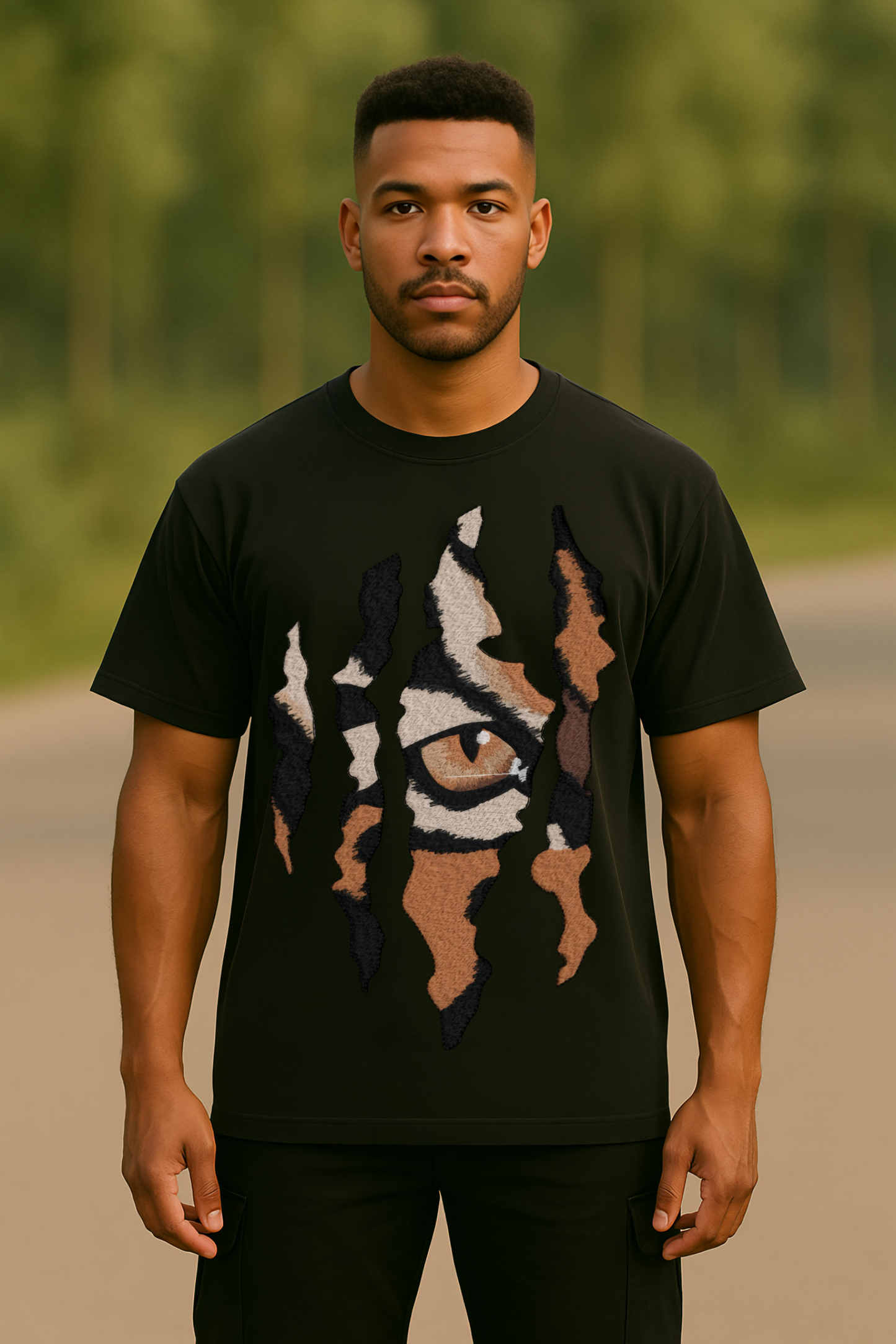 Lussovogue Men’s Black Oversized T-Shirt – Fierce Tiger Eye Edition