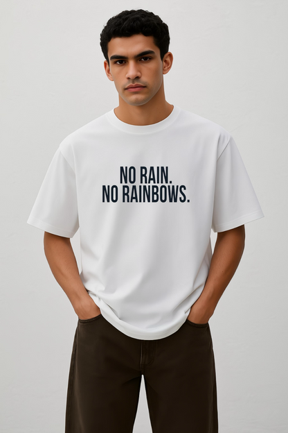 LUSSOVOGUE-Oversized White T-Shirt – “No Rain No Rainbows”
