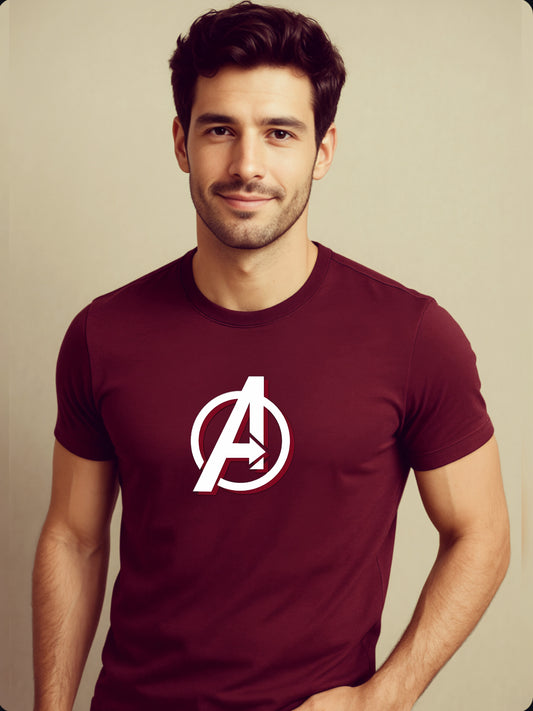 LUSSOVOGUE Maroon 100% Cotton Regular Fit "Avengers Logo" Graphic T-Shirt