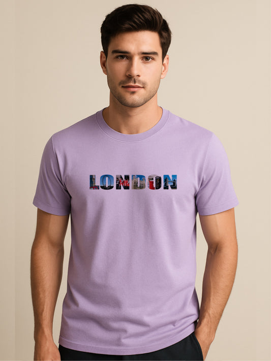 LUSSOVOGUE Lavender 100% Cotton Regular Fit T-Shirt with London Chest Print