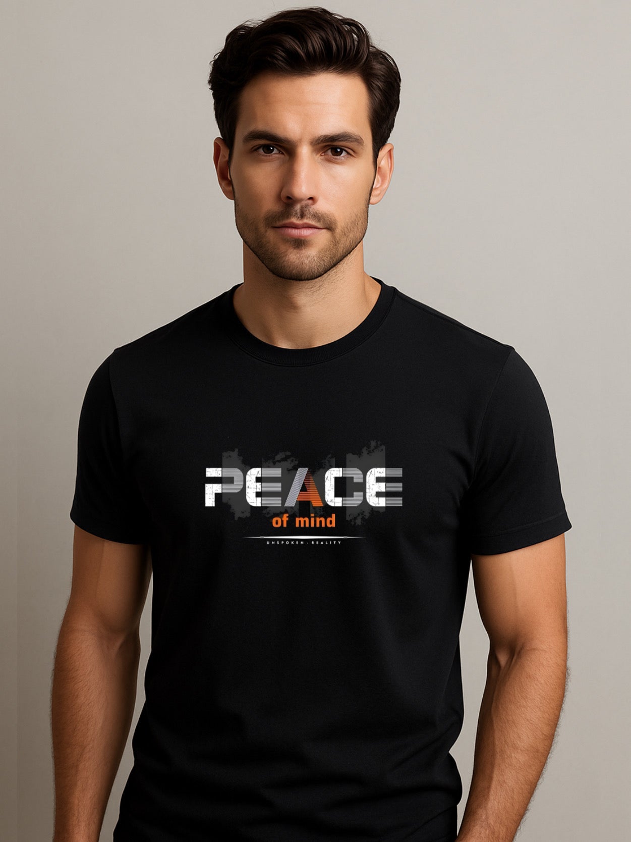 LUSSOVOGUE Black 100% Cotton Regular Fit T-Shirt with “Peace of Mind” Chest Print